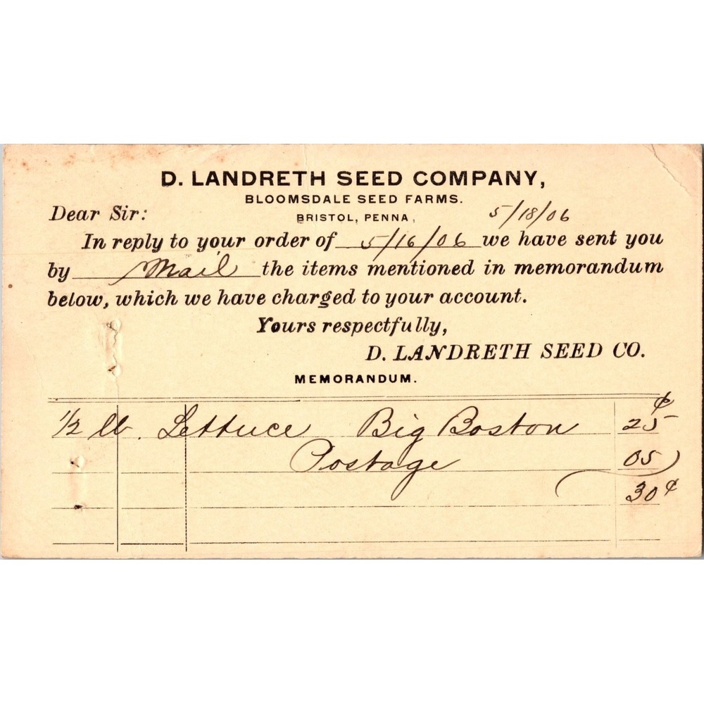 1906 D. Landreth Seed Co.‎ Bristol PA Vintage Postal Memorandum Card